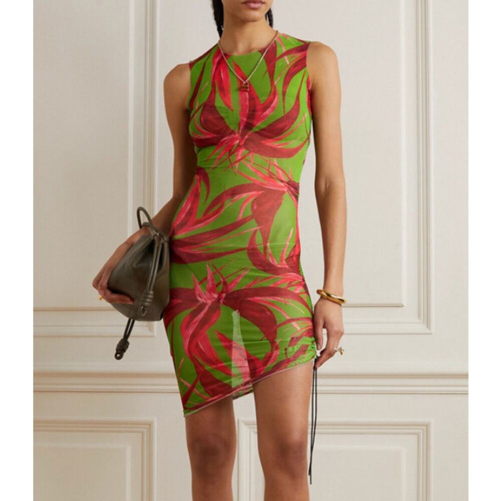 Louisa Ballou Dress Heatwave Ruched Mesh Mini Bird of Paradise Orange Blue XS